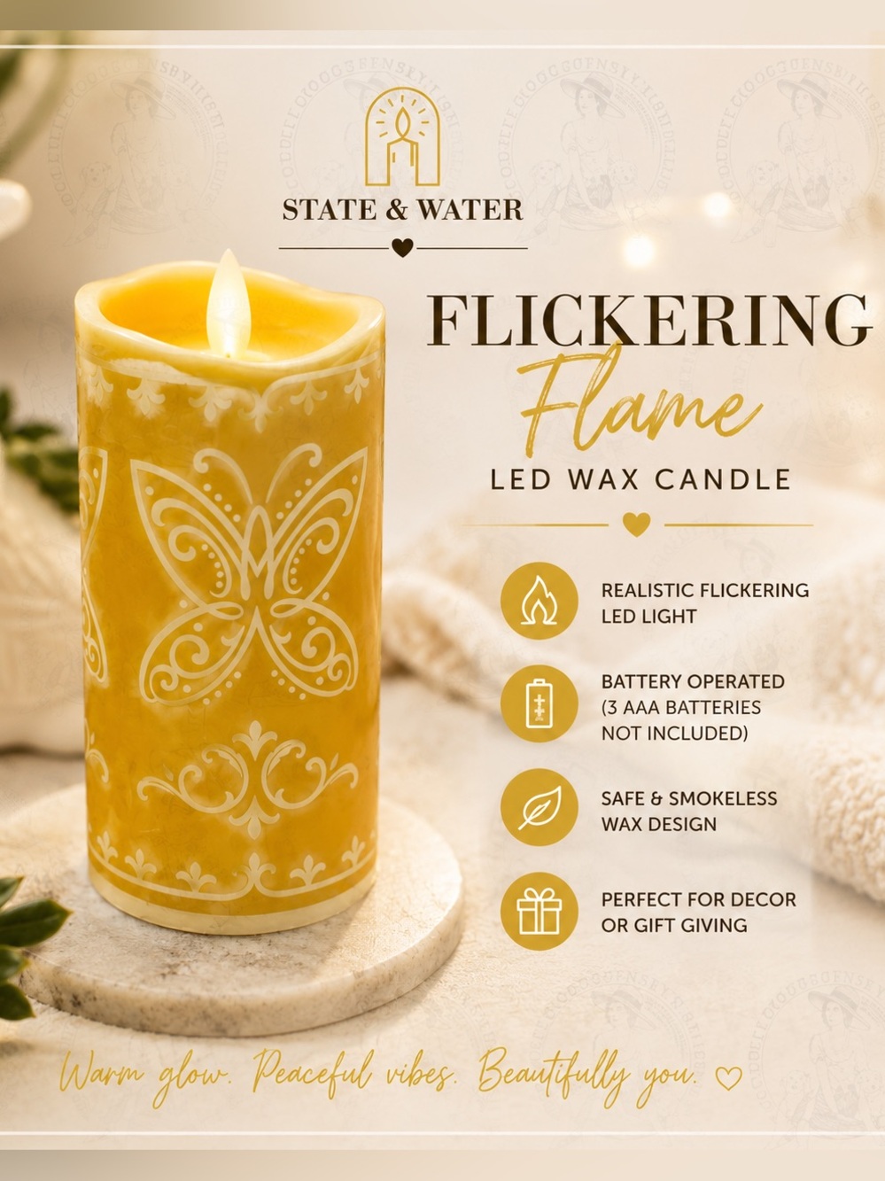 State & Water Flickering Flame LED Wax Candle